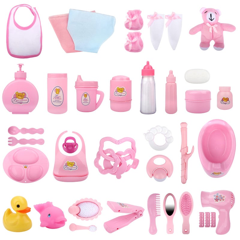 deAO 40 Piece Baby Doll Accessories Bag with Baby Feeding Accessories, Clothes, Doll Bear, Bath Toys, Soother Dummy and Much More - Great Nurturing Pretend Toy for Kids! - Image 5